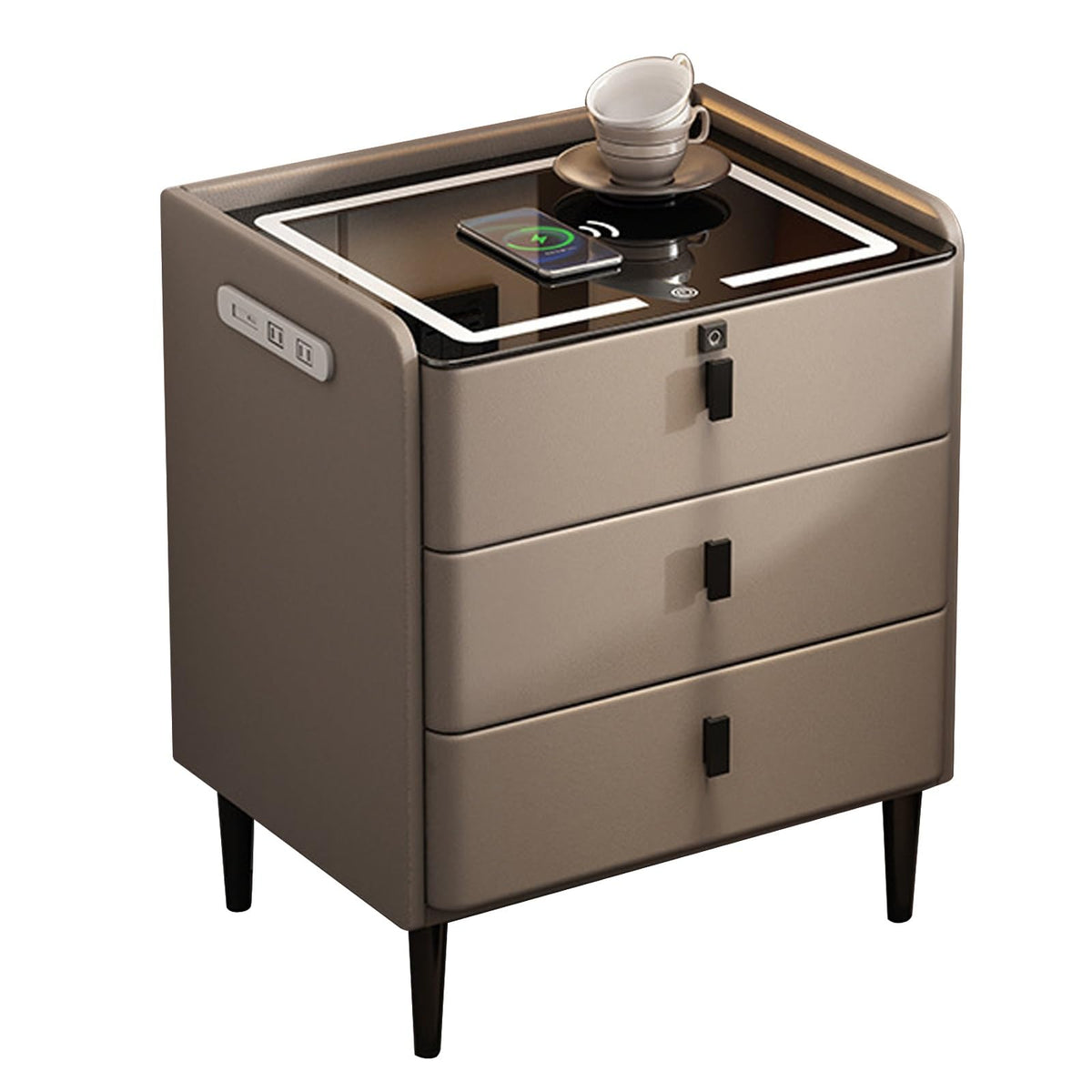 Khaki Nightstand with Wireless Charging Station and 3 Drawers P359583