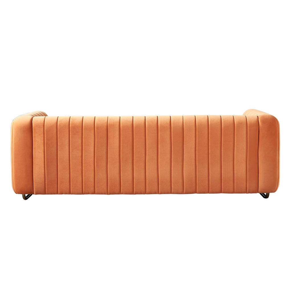 Velvet Sofa Couch, 3-Seater with Channel-Tufted Seats and Gold Steel Legs, Orange K473