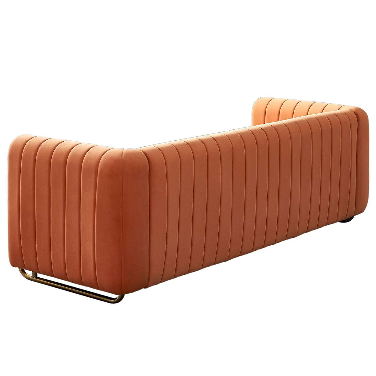 Velvet Sofa Couch, 3-Seater with Channel-Tufted Seats and Gold Steel Legs, Orange K473
