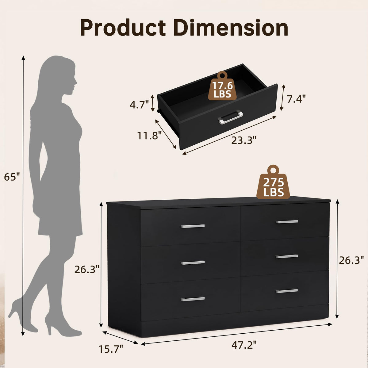 6 Drawer Dark Black Dresser E73483