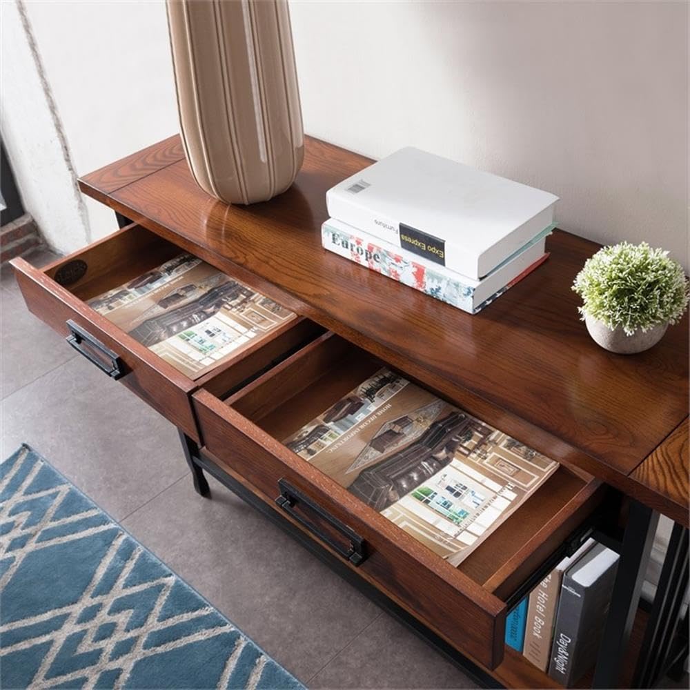 Industrial Wood Console Table with 2 Drawers and Storage Shelf Y41070