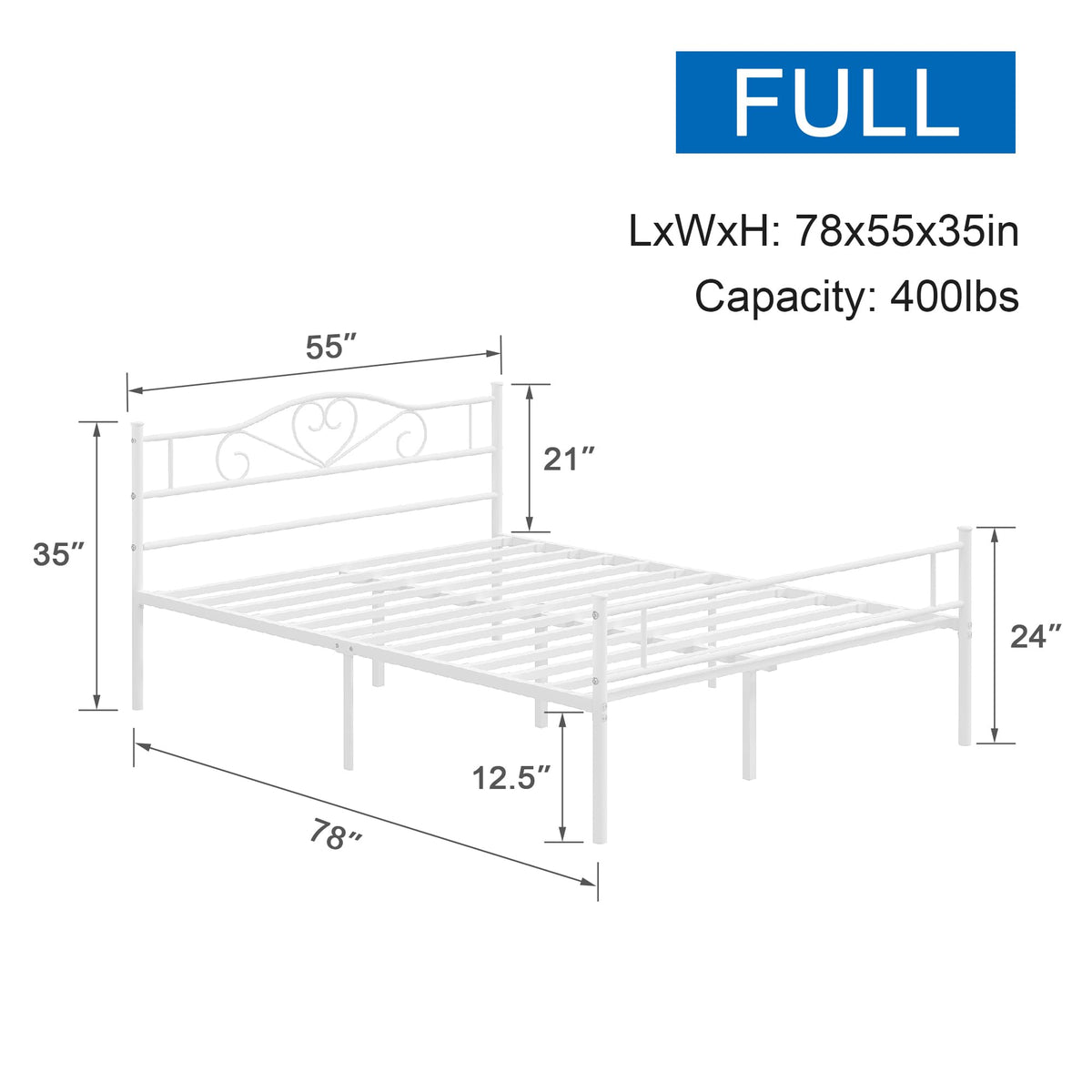 Full Size White Metal Platform Bed Frame with Headboard B380