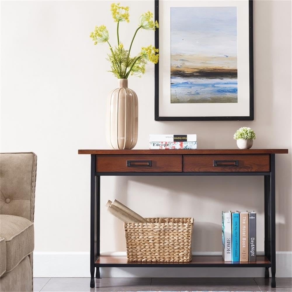 Industrial Wood Console Table with 2 Drawers and Storage Shelf Y41070