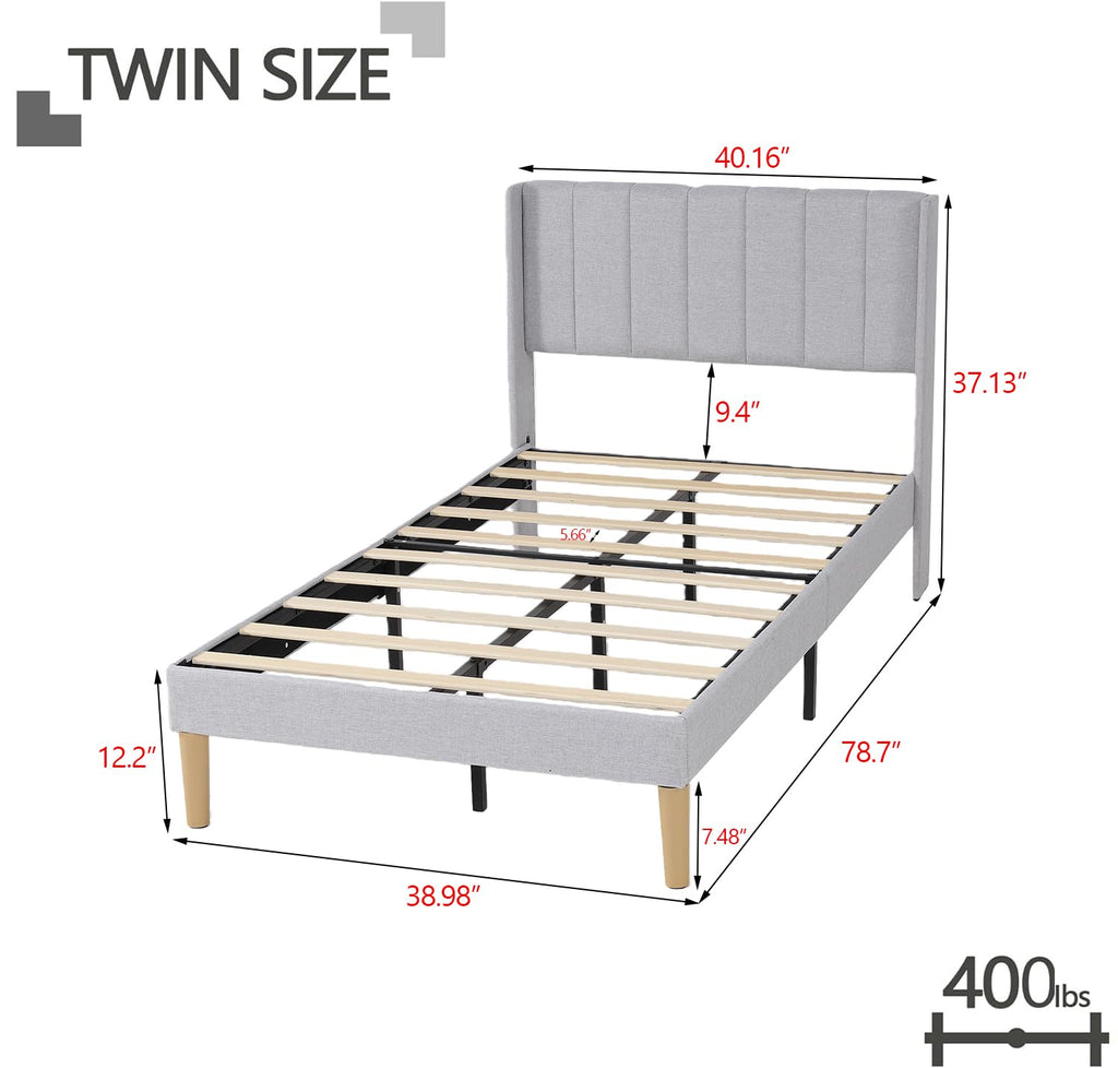 Twin Size Light Gray Linen Upholstered Bed Frame R33849