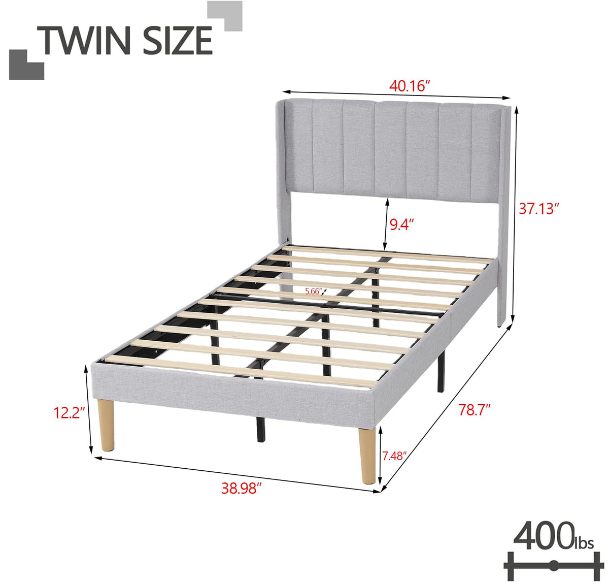 Twin Size Light Gray Linen Upholstered Bed Frame R33849