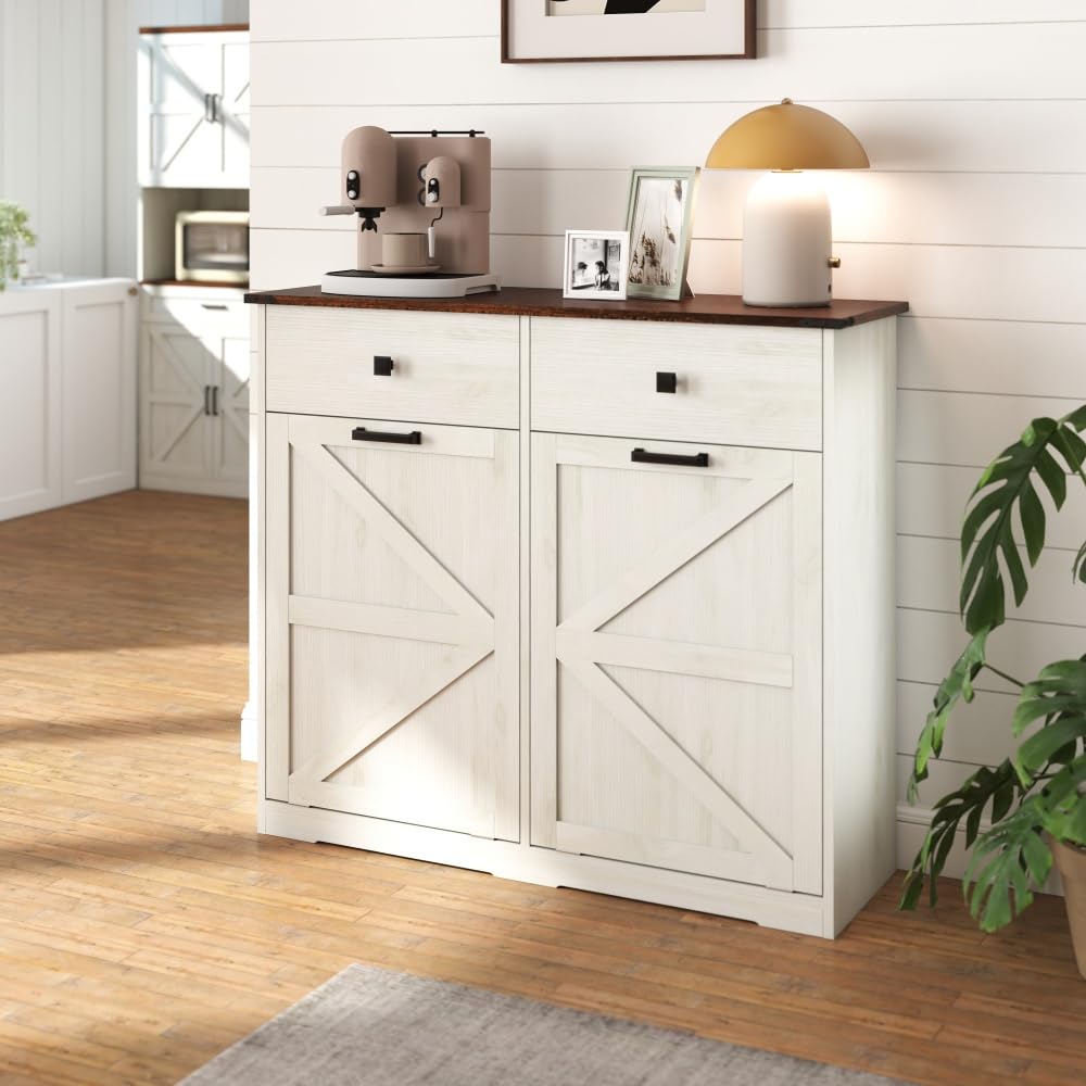 Antique White Woodgrain Tilt Out Trash Cabinet H922