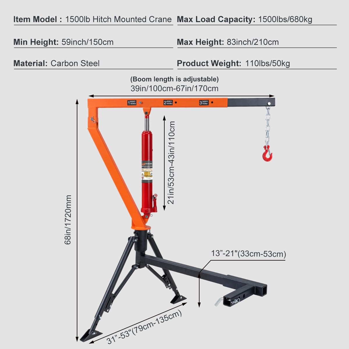 1500 lb Hydraulic Hitch Mounted Truck Crane M2611