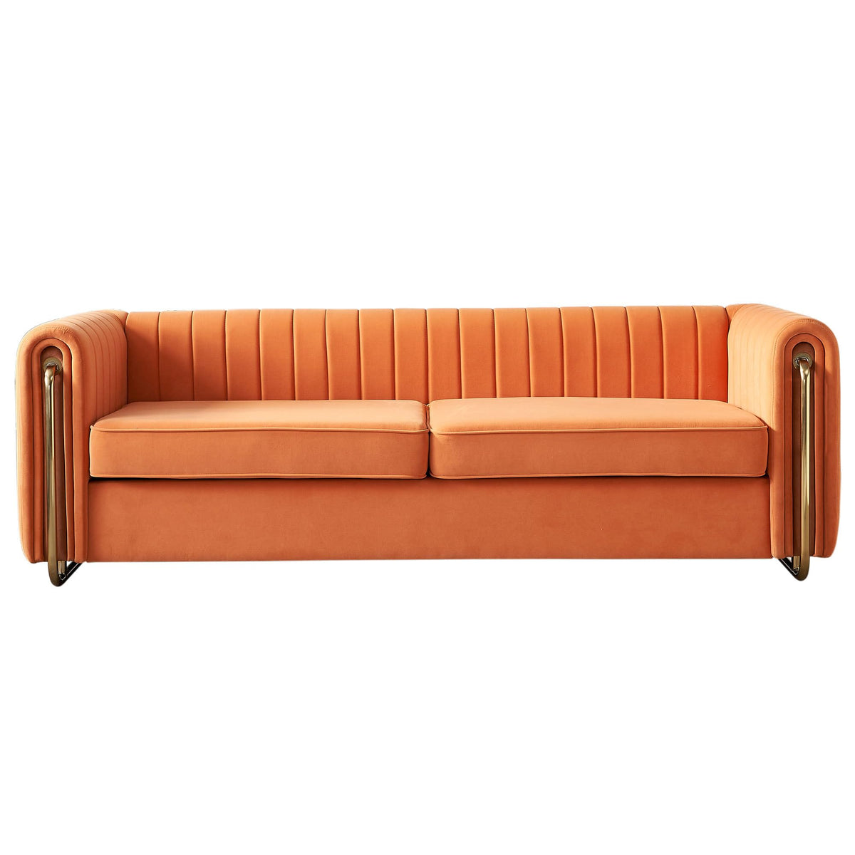 Velvet Sofa Couch, 3-Seater with Channel-Tufted Seats and Gold Steel Legs, Orange K473