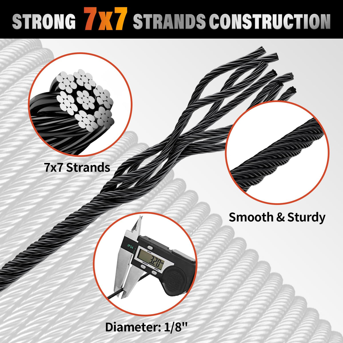 Black 1000FT 1/8" T316 Stainless Steel Cable E1771