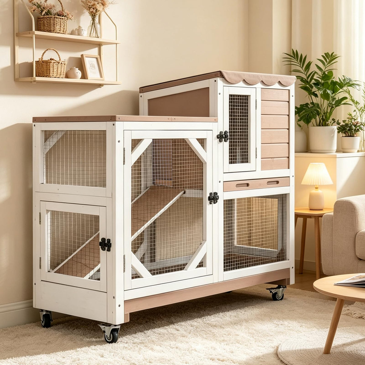 2 Story Wood Rabbit Hutch with Wheels Y983