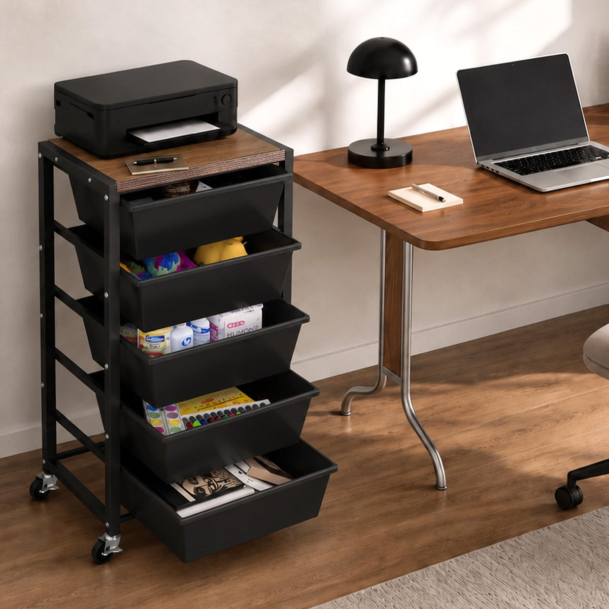 Black 5 Drawer Rolling Storage Cart with Wooden Tabletop H743