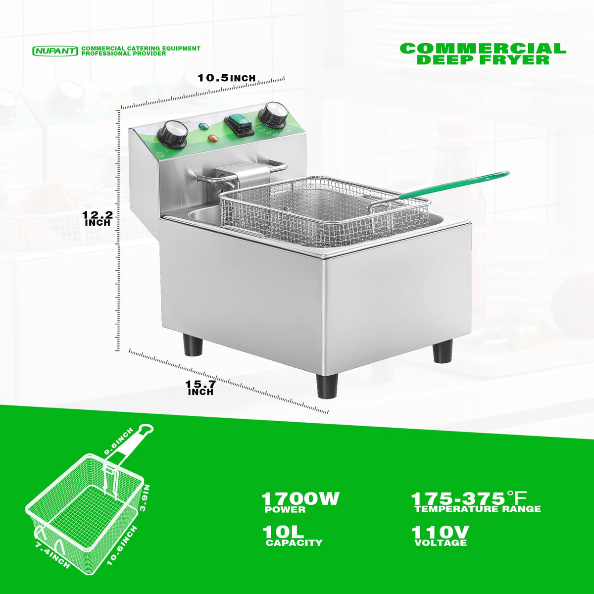 Electric 10L Stainless Steel Deep Fryer with Basket and Lid V691370