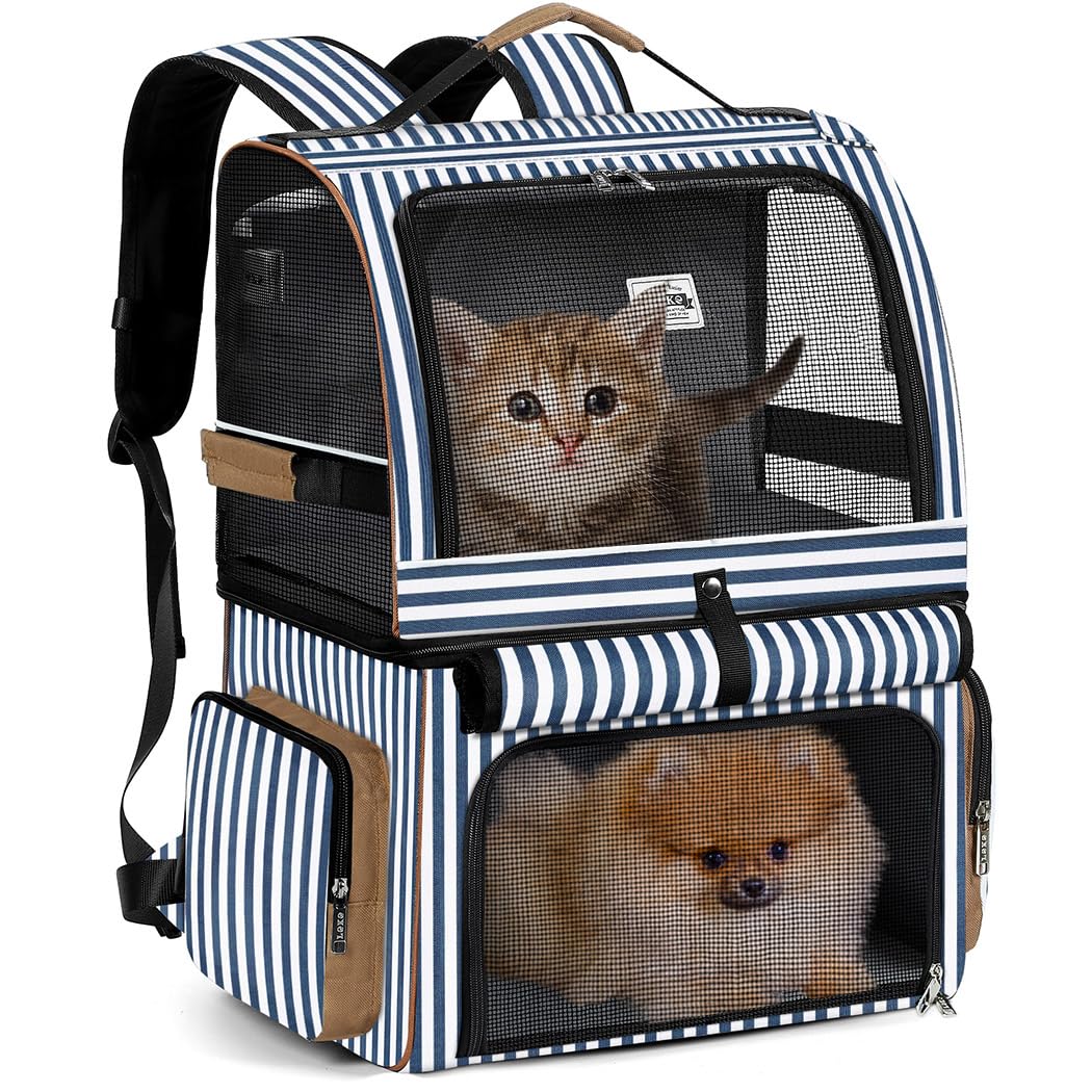 Double Cat Backpack Carrier for 2 Cats Blue Striped L8701