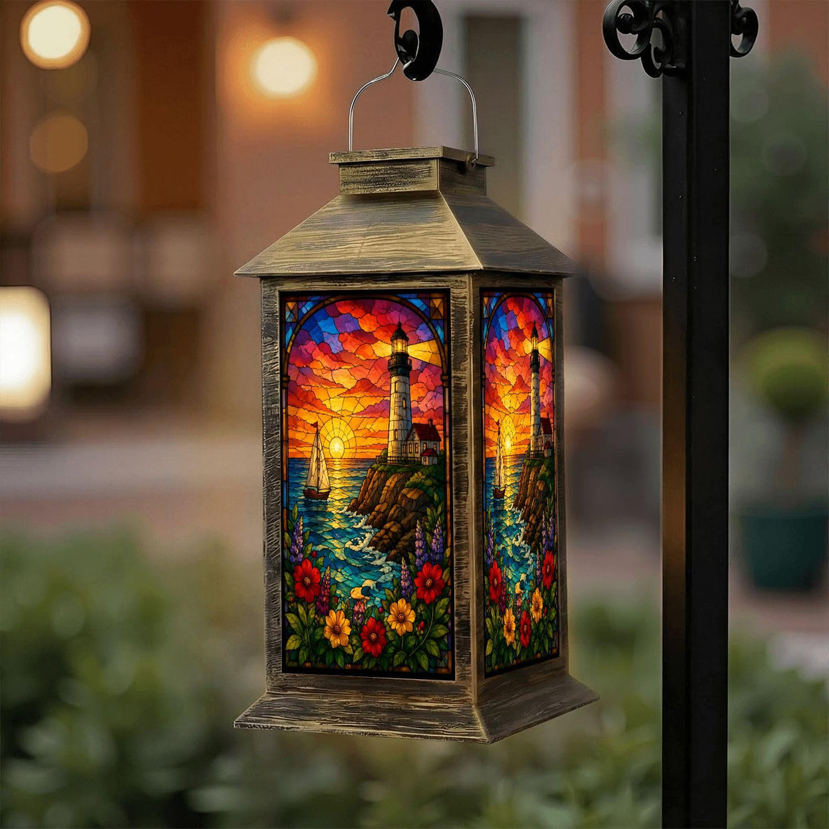 Solar Lantern Outdoor Waterproof Stained Glass Effect LED Hanging Tabletop Lamp F8587