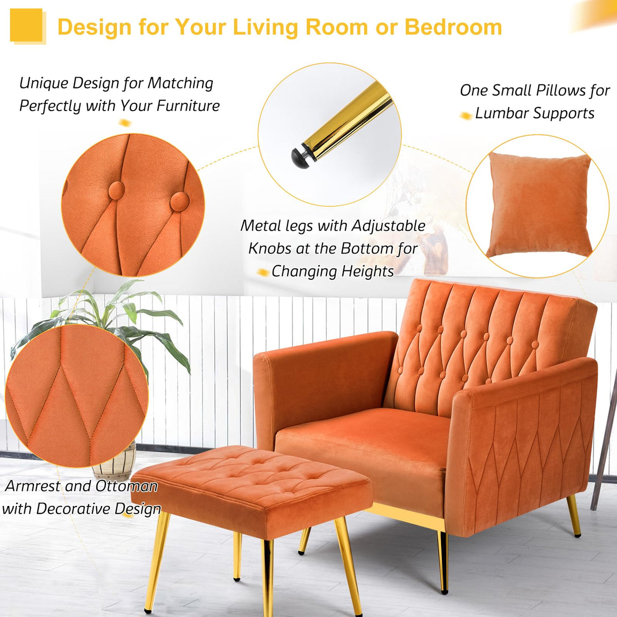 Velvet Accent Chair with Ottoman & Adjustable Backrest W80722