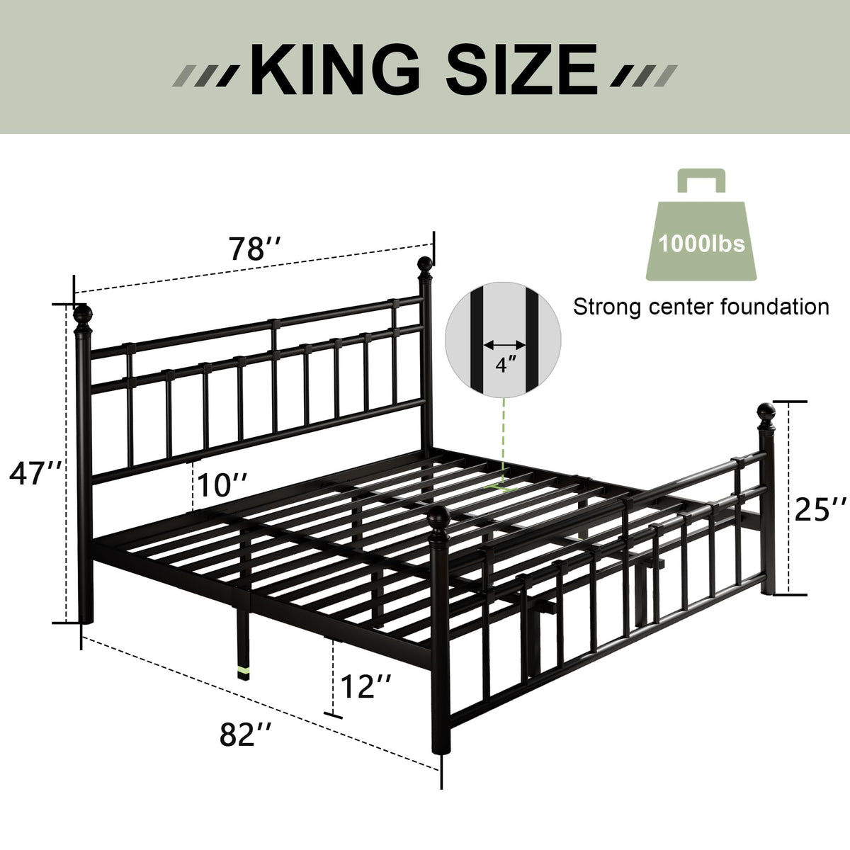 King Size Black Metal Platform Bed Frame with Headboard and Footboard V6120