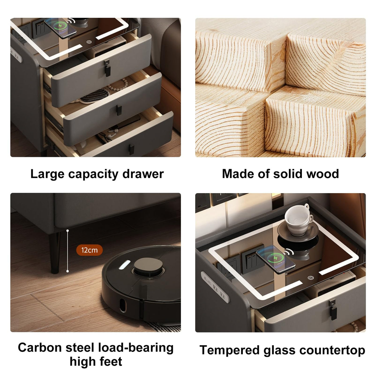 Khaki Nightstand with Wireless Charging Station and 3 Drawers P359583