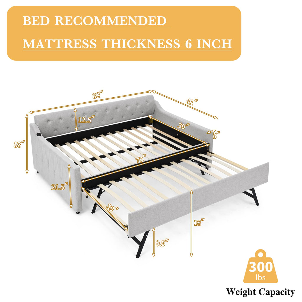 Twin Size Upholstered Daybed with Pop Up Trundle and USB Charging Ports P8927