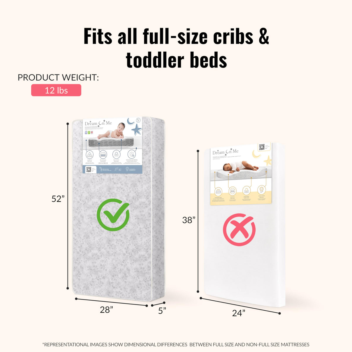 Baby Crib Mattress, Reversible, Waterproof Cover, 52" x 28" x 5" X86047
