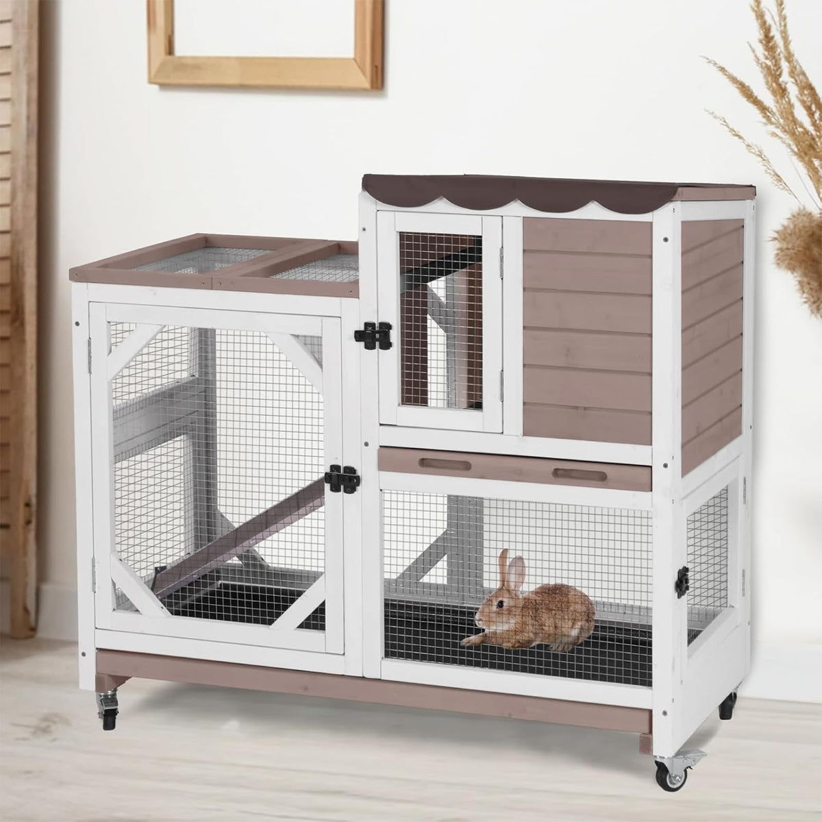 2 Story Wood Rabbit Hutch with Wheels Y983