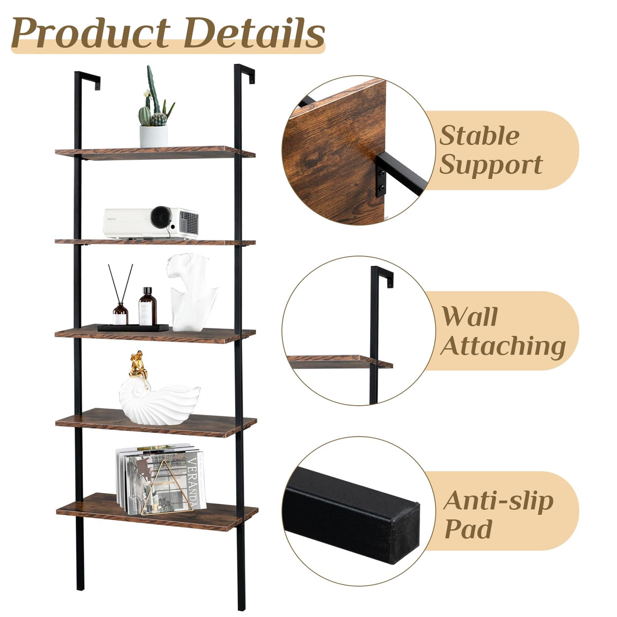 Rustic Brown 5 Tier Wall Mount Ladder Shelf G6332