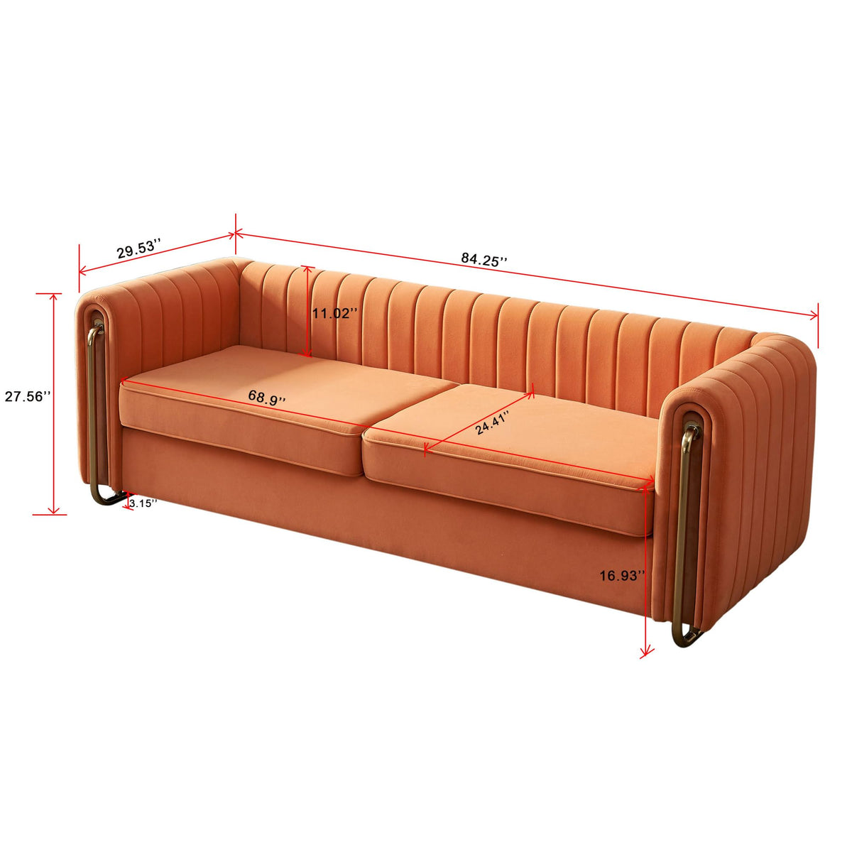 Velvet Sofa Couch, 3-Seater with Channel-Tufted Seats and Gold Steel Legs, Orange K473