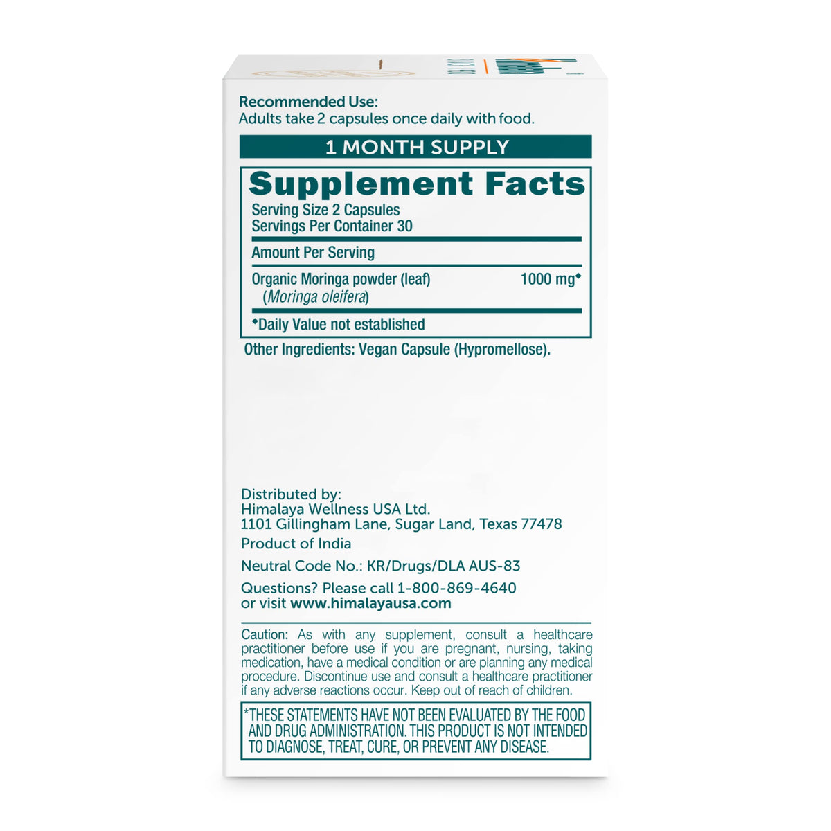 Organic Moringa 1000 mg 60 Capsules K2552