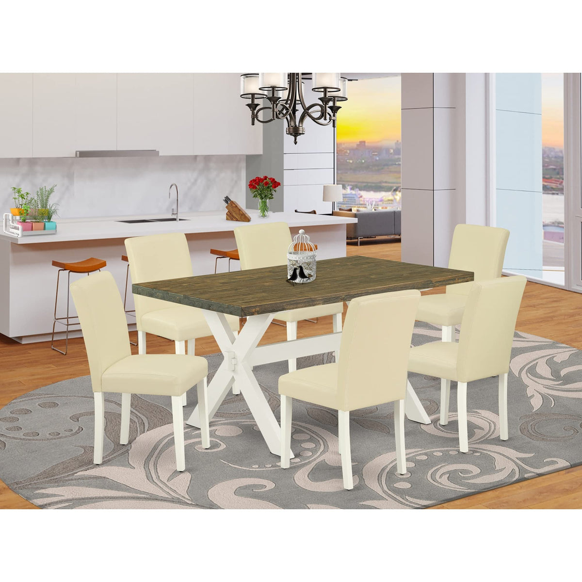 7 Piece Dining Room Table Set with 6 White Faux Leather Chairs C656995