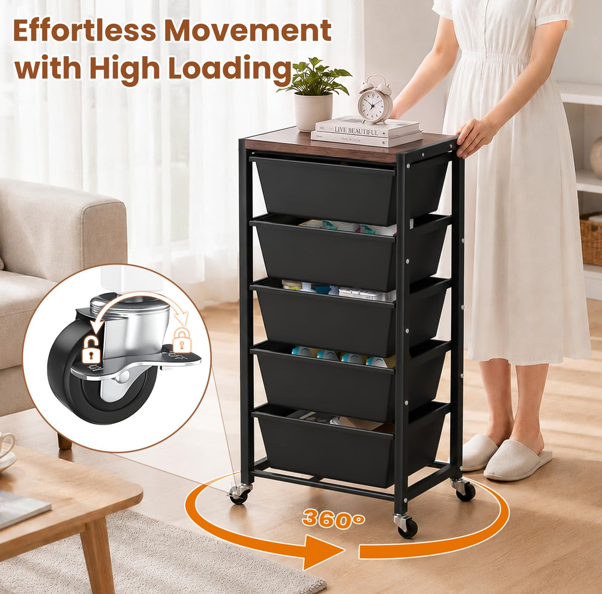 Black 5 Drawer Rolling Storage Cart with Wooden Tabletop H743