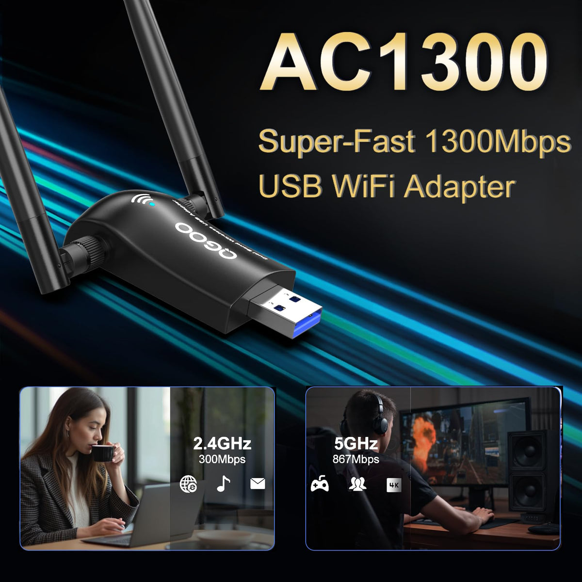 Wireless AC1300Mbps USB 3.0 WiFi Adapter with 5dBi Dual Antennas Y4194