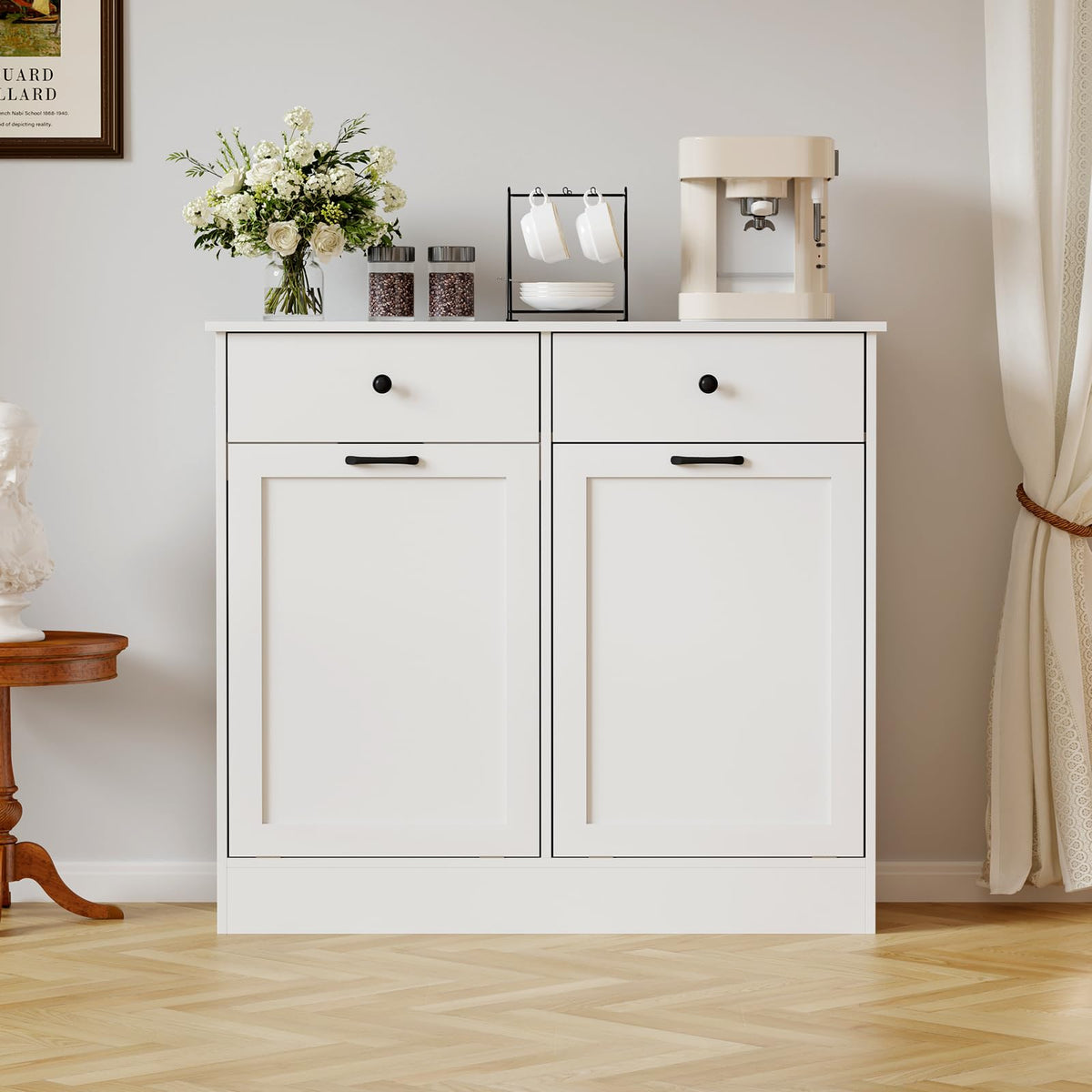 White 2 x 10 Gallon Wooden Tilt Out Trash Can Cabinet Z89148