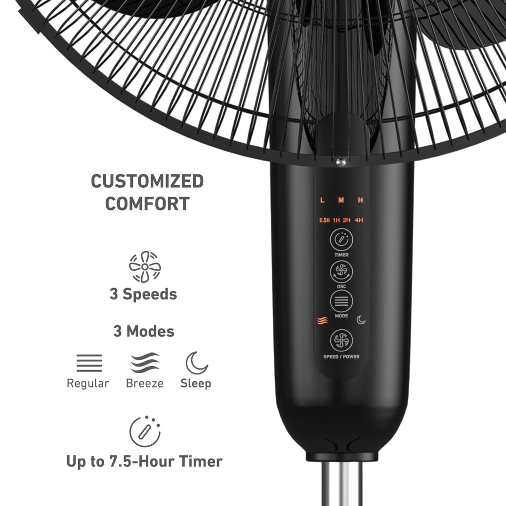 16" Digital Stand Fan, 80° Oscillation, 3 Speeds, Remote Control, Black J533