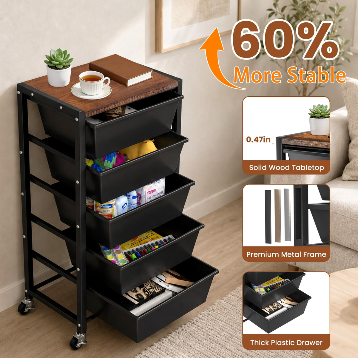 Black 5 Drawer Rolling Storage Cart with Wooden Tabletop H743