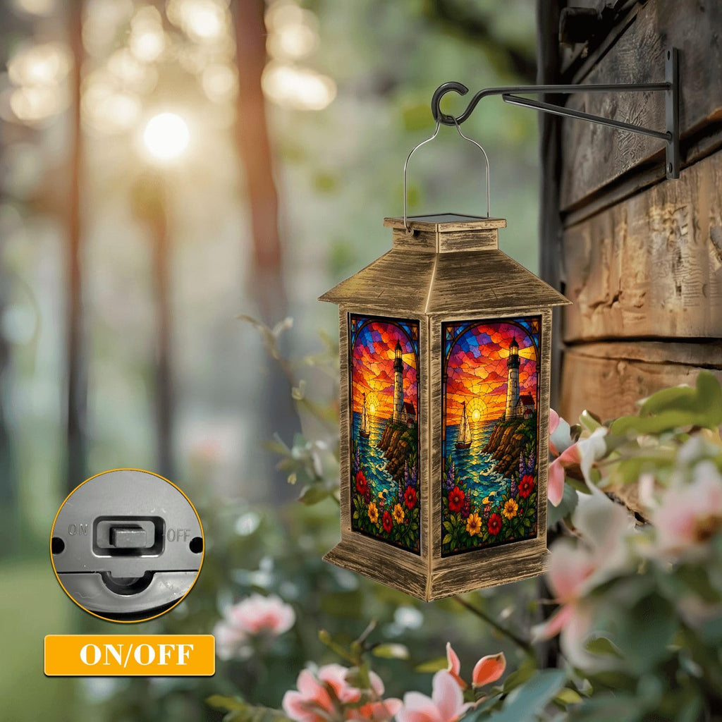 Solar Lantern Outdoor Waterproof Stained Glass Effect LED Hanging Tabletop Lamp F8587