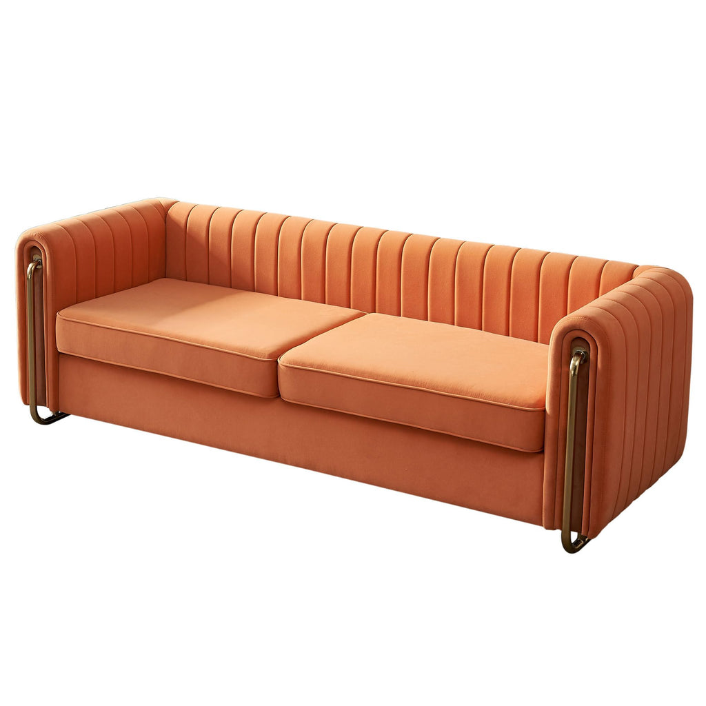 Velvet Sofa Couch, 3-Seater with Channel-Tufted Seats and Gold Steel Legs, Orange K473