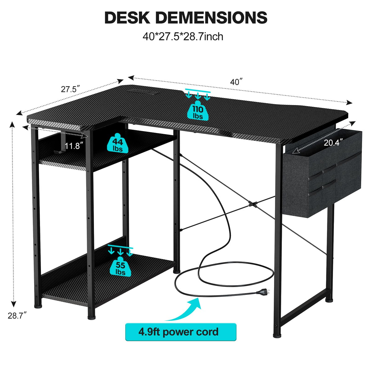 L Shaped Gaming Desk 40 Inch Black Carbon T678247