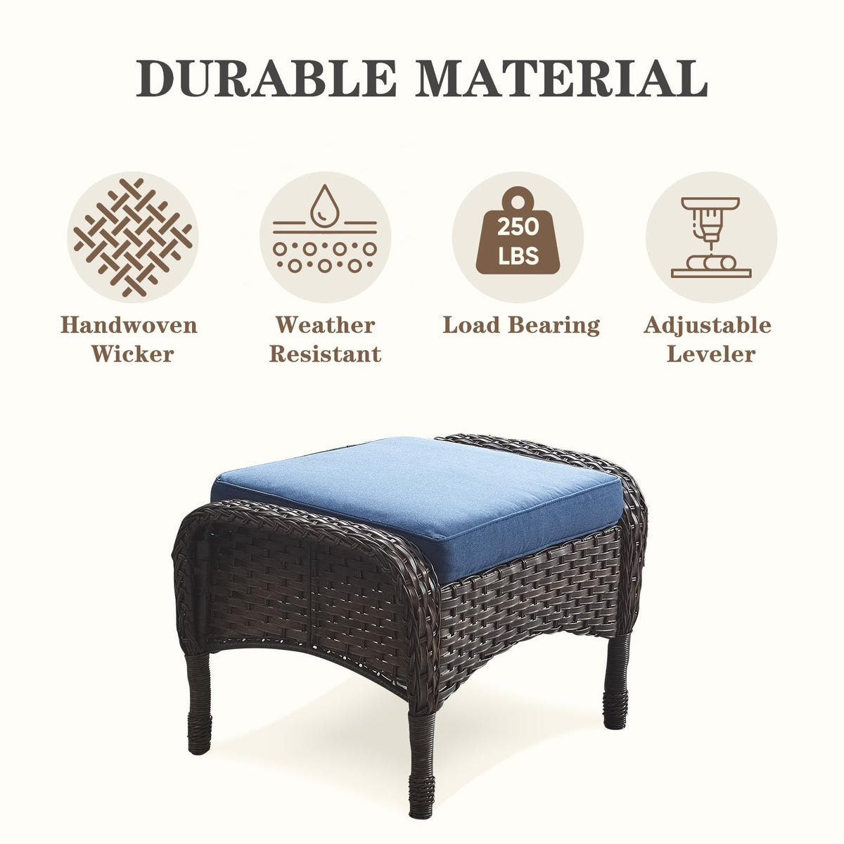 25 Inch PE Wicker Foot Stool Set of 2 with Removable Cushions Brown B31138