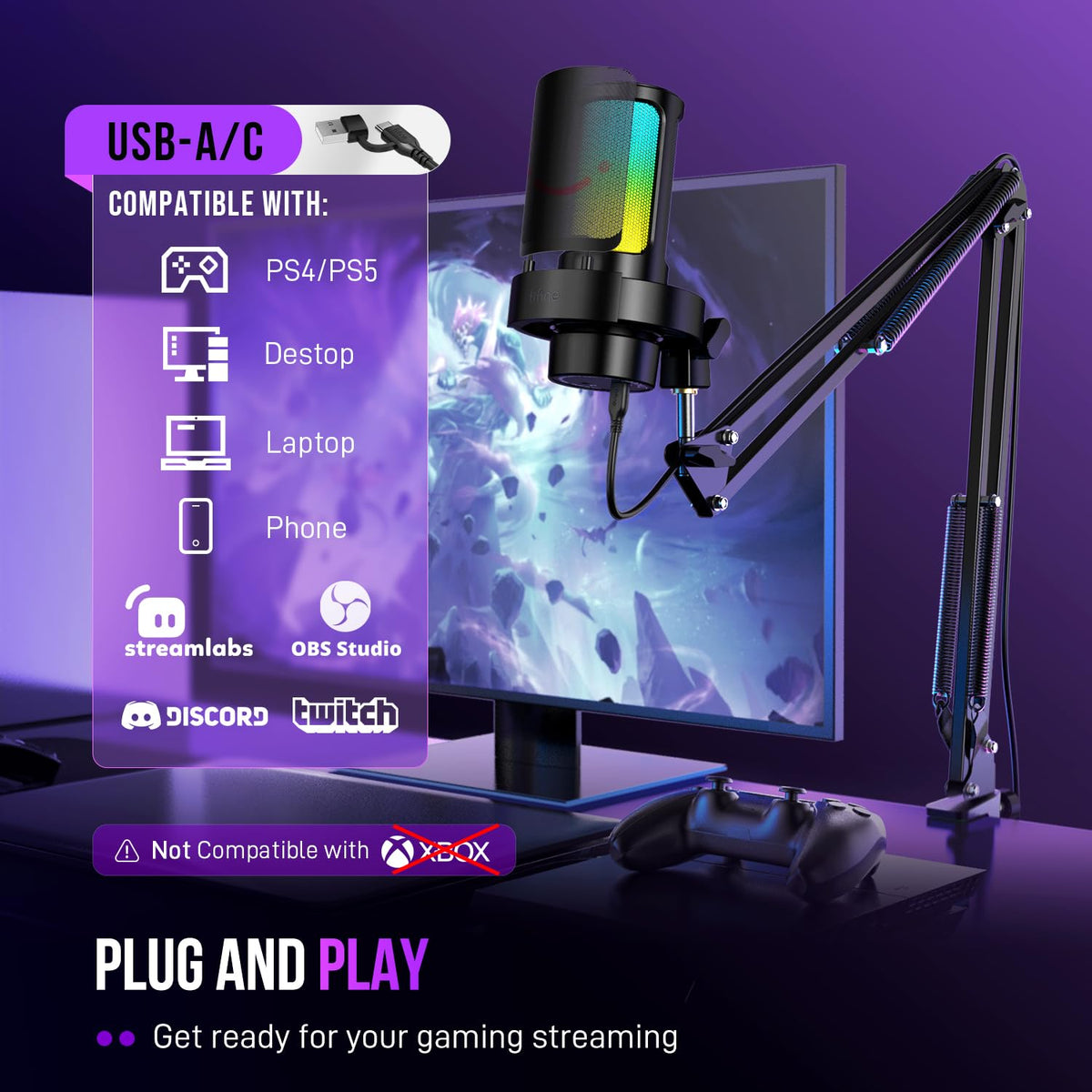 USB Gaming Microphone with Boom Arm F134