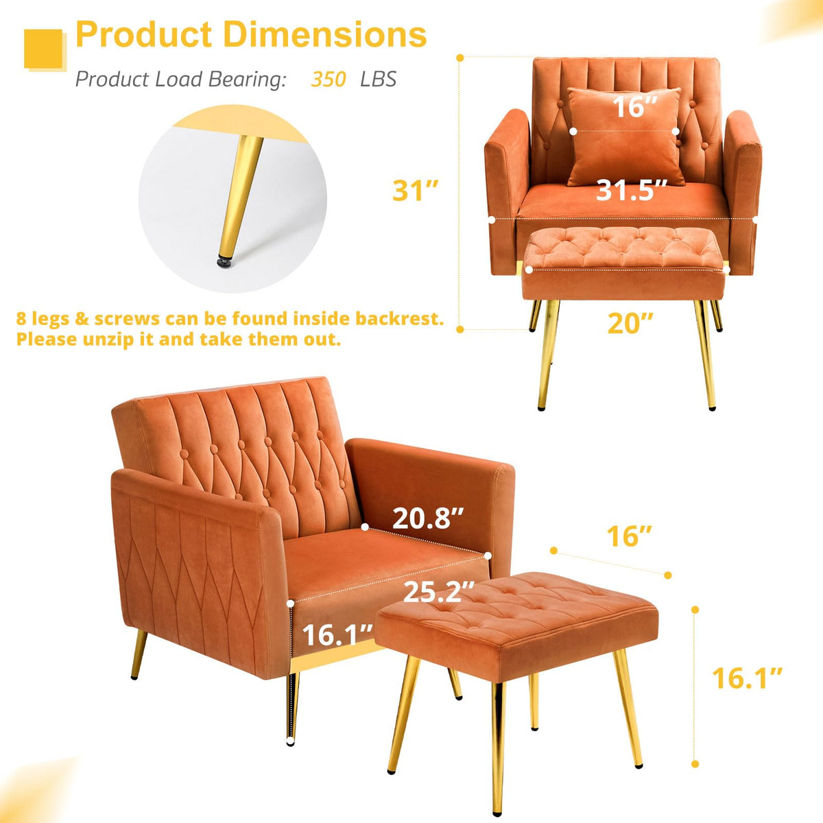 Velvet Accent Chair with Ottoman & Adjustable Backrest W80722