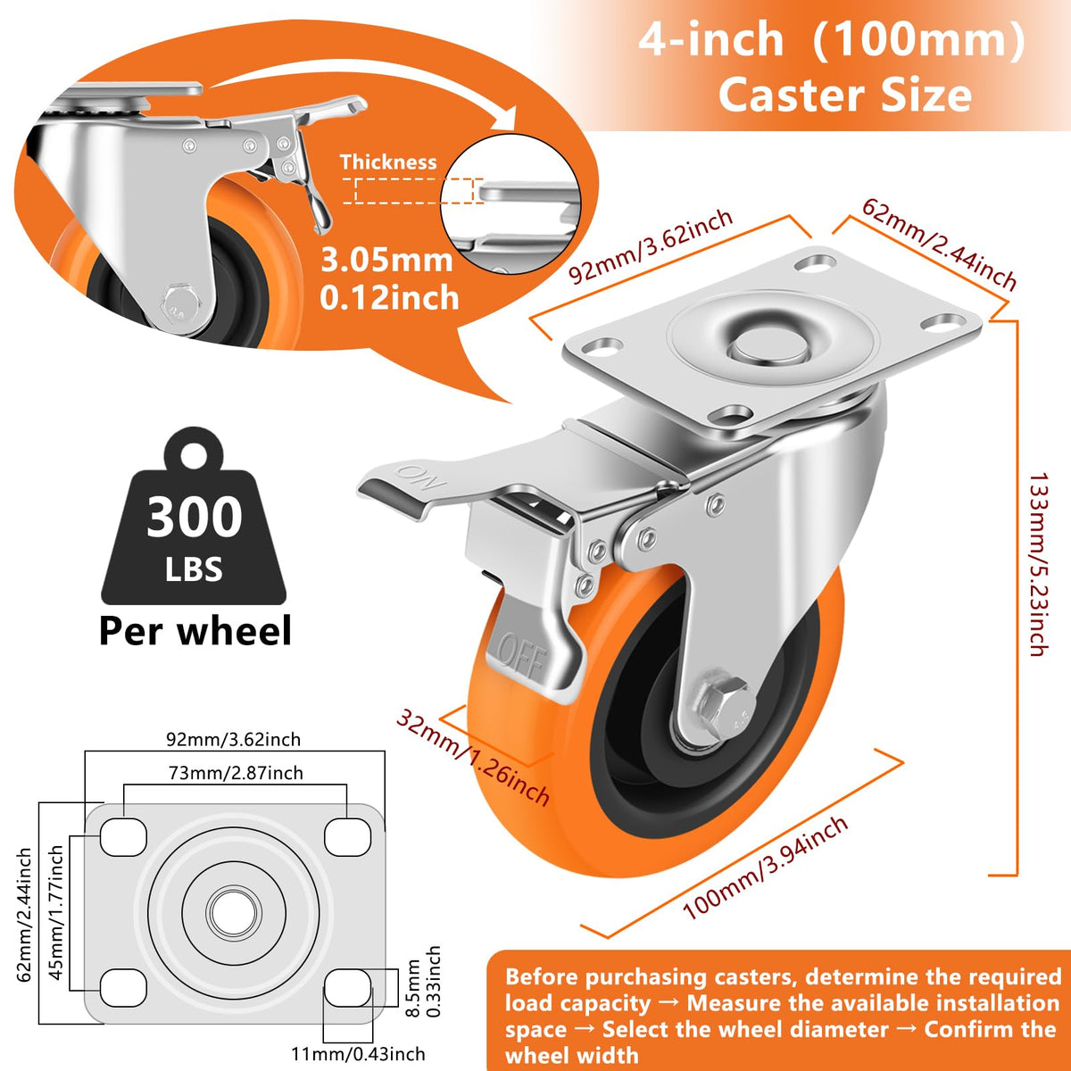 4" Heavy Duty Swivel Caster Wheels Set of 4 with Dual Locking Y4575
