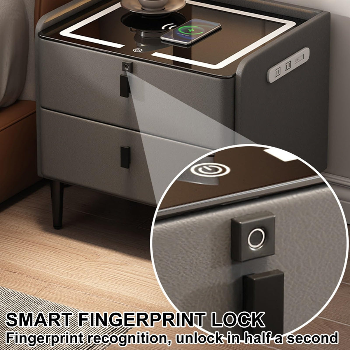 Khaki Nightstand with Wireless Charging Station and 3 Drawers P359583