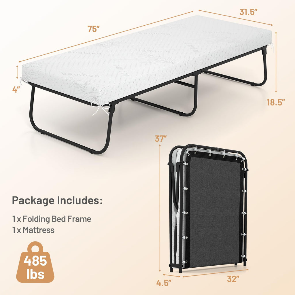 Folding Bed with Mattress Cot Size 75” x 31” Memory Foam Metal Frame L9646