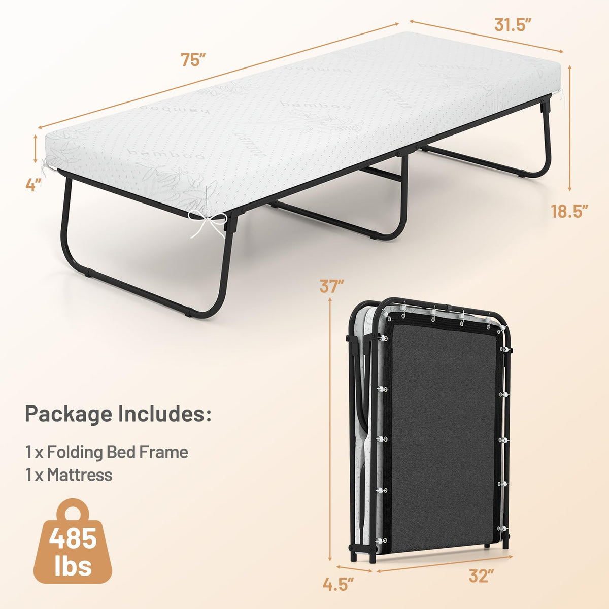 Folding Bed with Mattress Cot Size 75” x 31” Memory Foam Metal Frame L9646