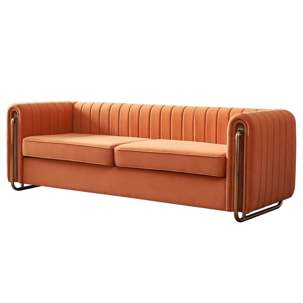 Velvet Sofa Couch, 3-Seater with Channel-Tufted Seats and Gold Steel Legs, Orange K473