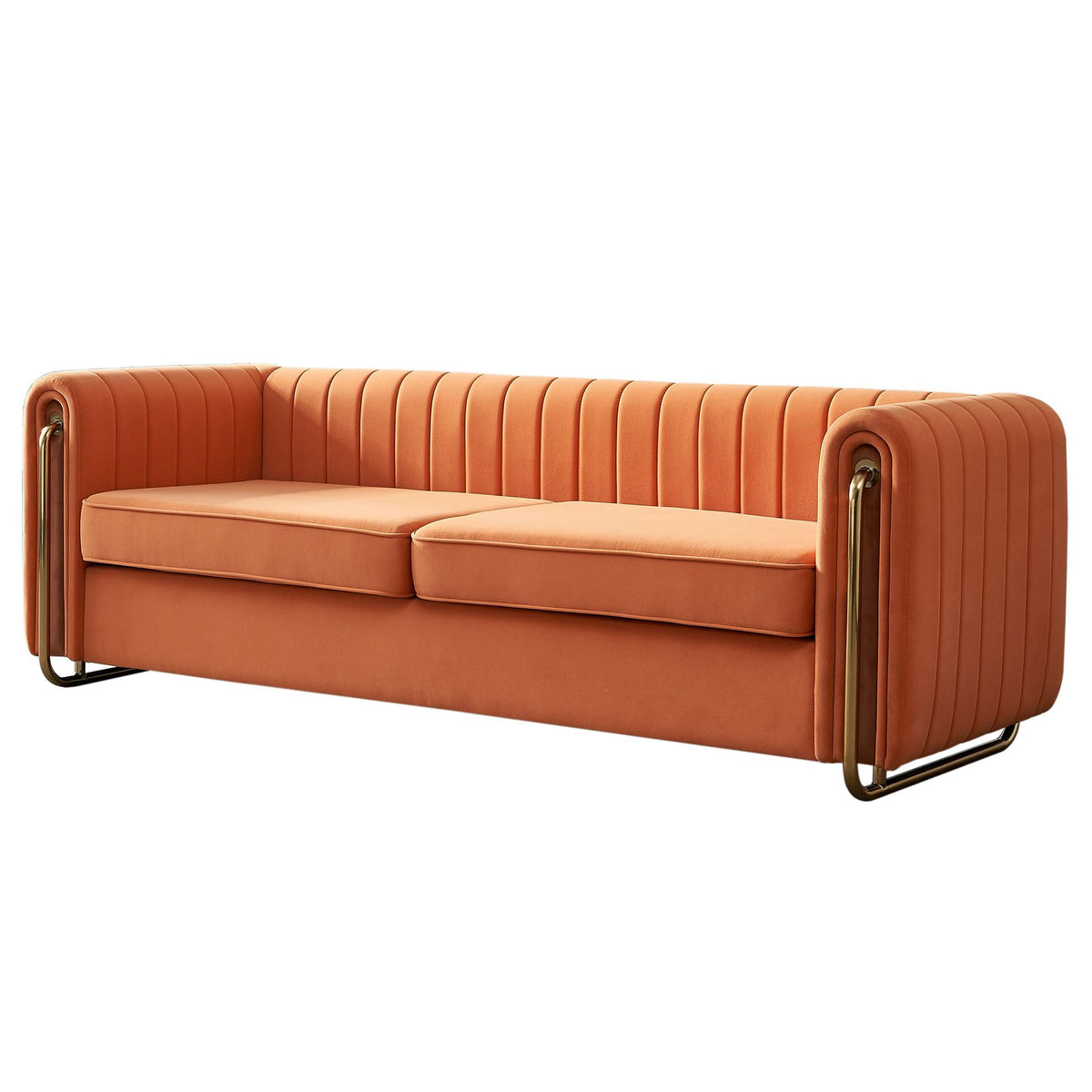 Velvet Sofa Couch, 3-Seater with Channel-Tufted Seats and Gold Steel Legs, Orange K473
