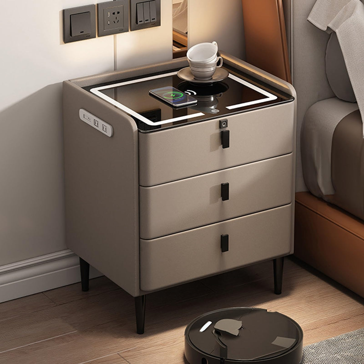 Khaki Nightstand with Wireless Charging Station and 3 Drawers P359583