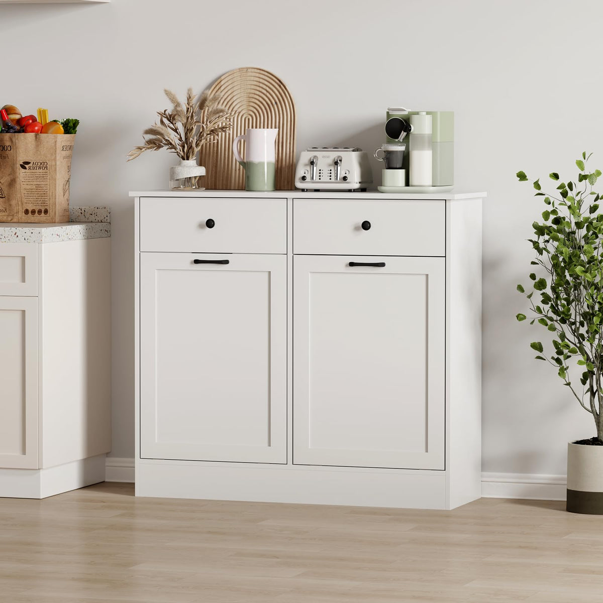 White 2 x 10 Gallon Wooden Tilt Out Trash Can Cabinet Z89148