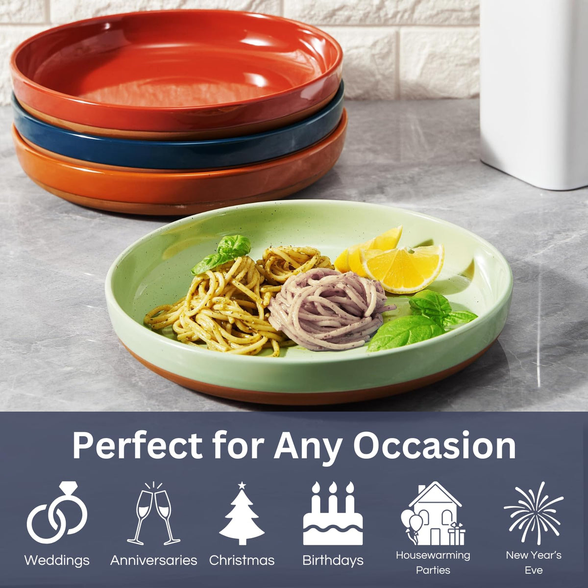 Ceramic Flat Pasta Bowl Plate Set of 4, 35oz Microwave Safe I508