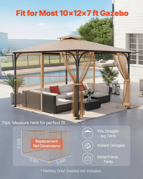 10 x 12 x 7 FT Gazebo Netting Replacement 4-Panel Sidewall Mesh Net W9630