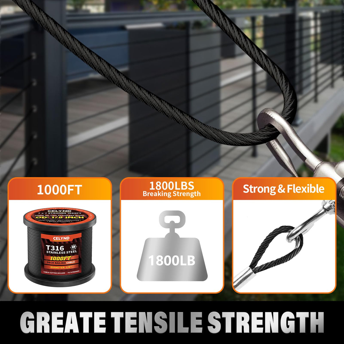Black 1000FT 1/8" T316 Stainless Steel Cable E1771